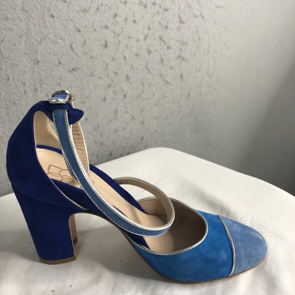 Mavette Shoes Womens 7.5 Blue Suede Nala D'orsay Pump Round Toe  Silver Piping - Picture 15 of 16